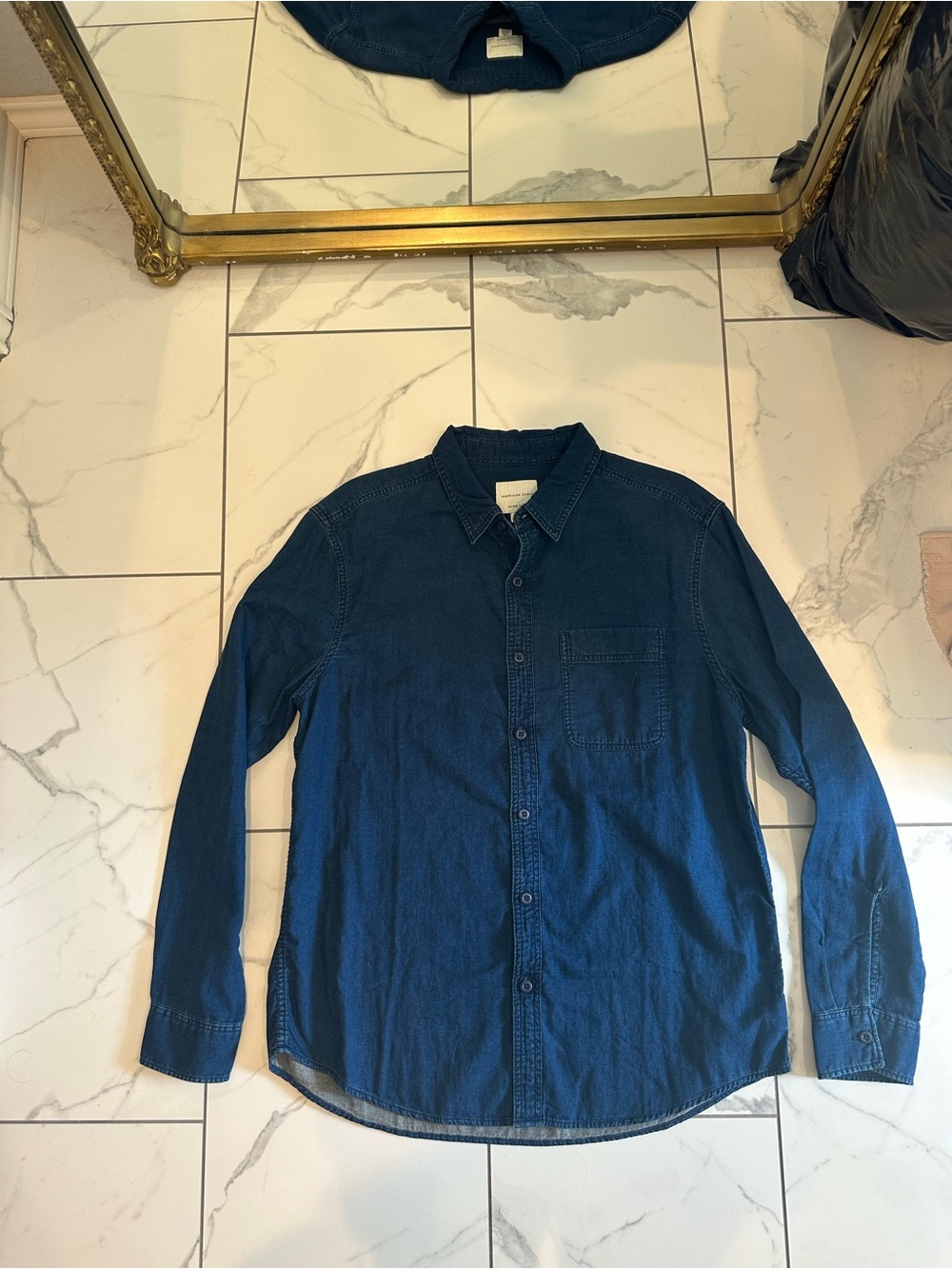 American Eagle Outfitters Dark Blue Long-Sleeve Button-Down Shirt - Mens L